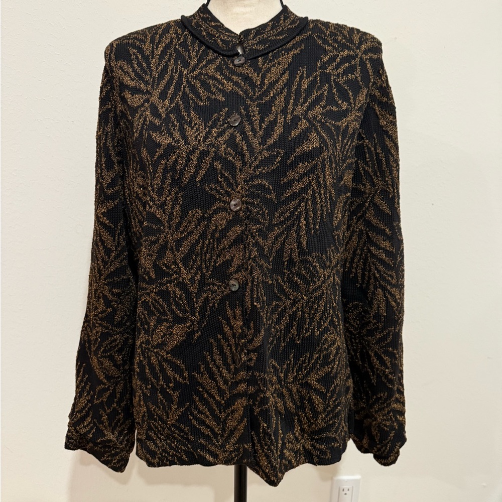 Peruvian Connection XL Cardigan Black Copper Leaf Pima Cotton Blend Sweater NEW